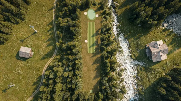 Hochgrab from the air: a narrow fairway through spruce woods, with a mountain stream, a meadow and two chalets beside it.