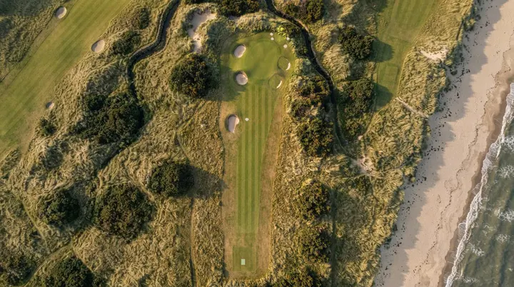 Inverdon Links from the air: a fairway through the dunes with a burn winding beside it, then the beach and the surf of the North Sea.