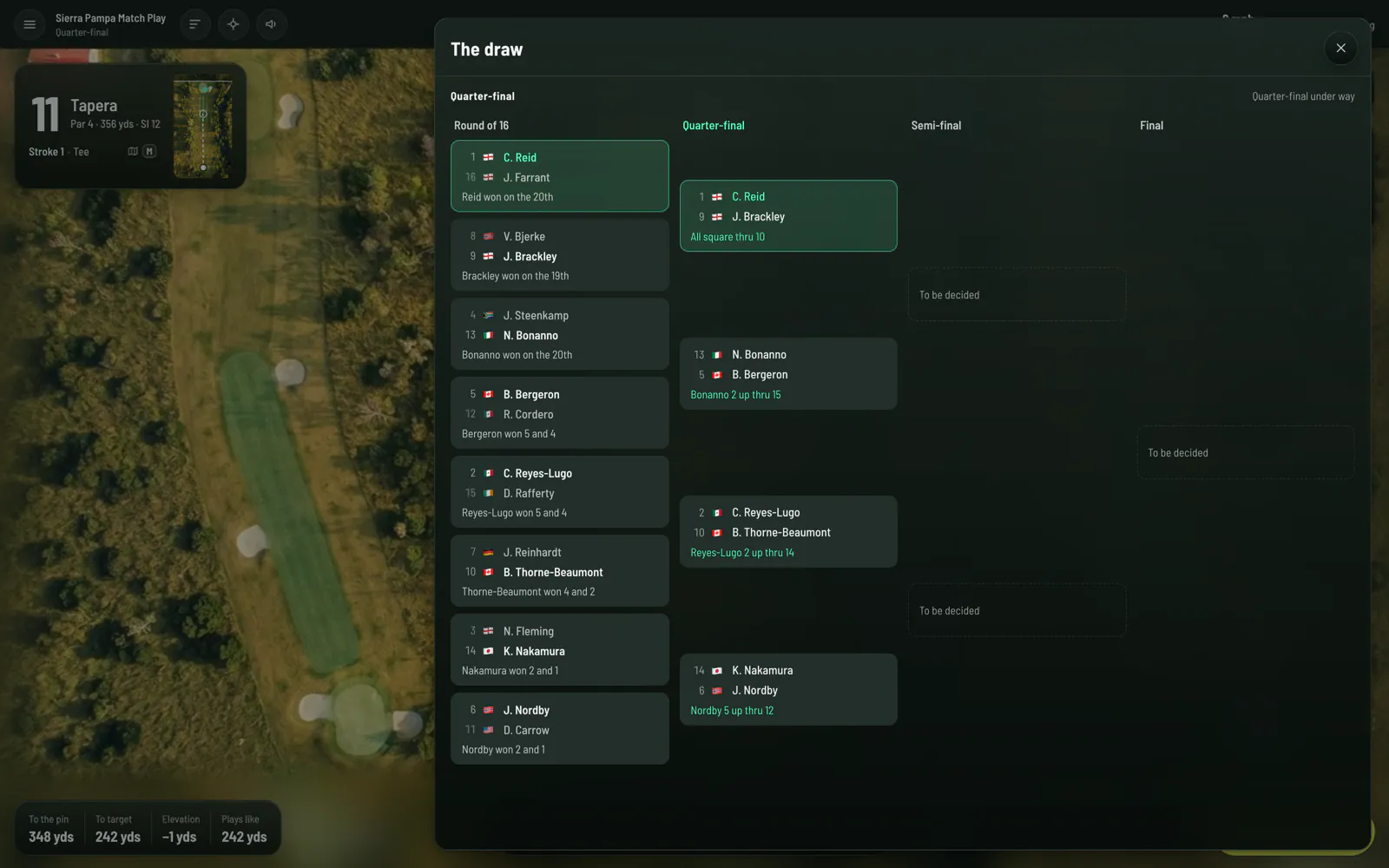 The Sierra Pampa Match Play draw over the eleventh hole: the round of 16 with how each match was won, three of them on extra holes, Callum Reid's quarter-final against J. Brackley all square through ten, and the semi-finals and the final still to be decided.
