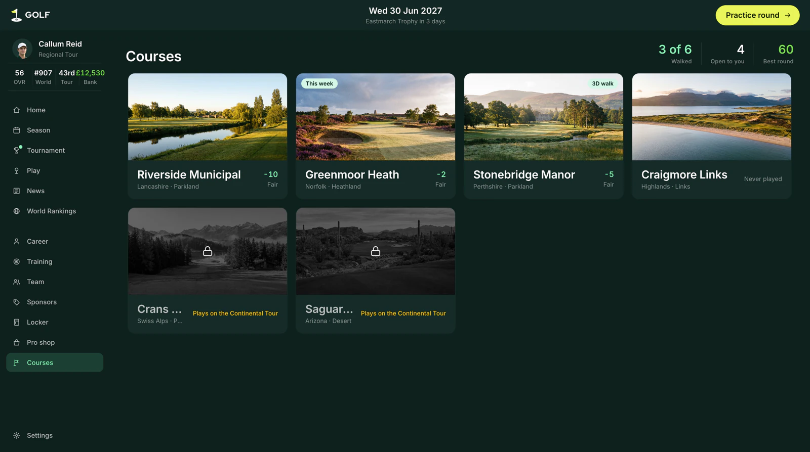 The courses screen showing six venues, three of them still locked behind higher tours.
