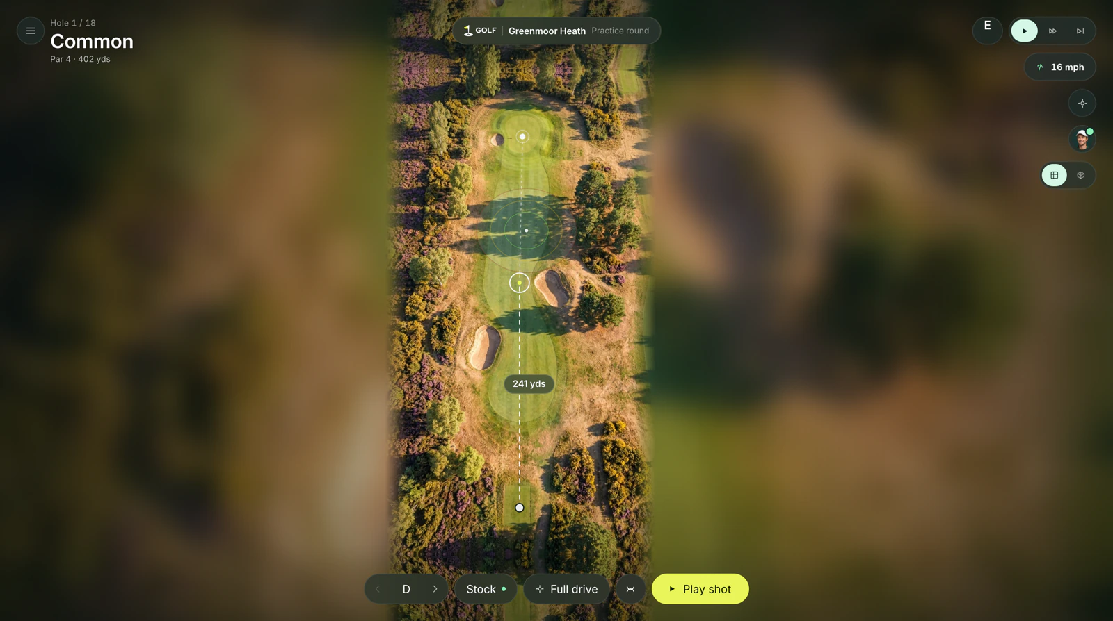 The first hole of a practice round at Eastmarch Common seen from above, with the shot bar showing a driver, a stock shot and a full-drive aim point, and the wind at 16 mph.