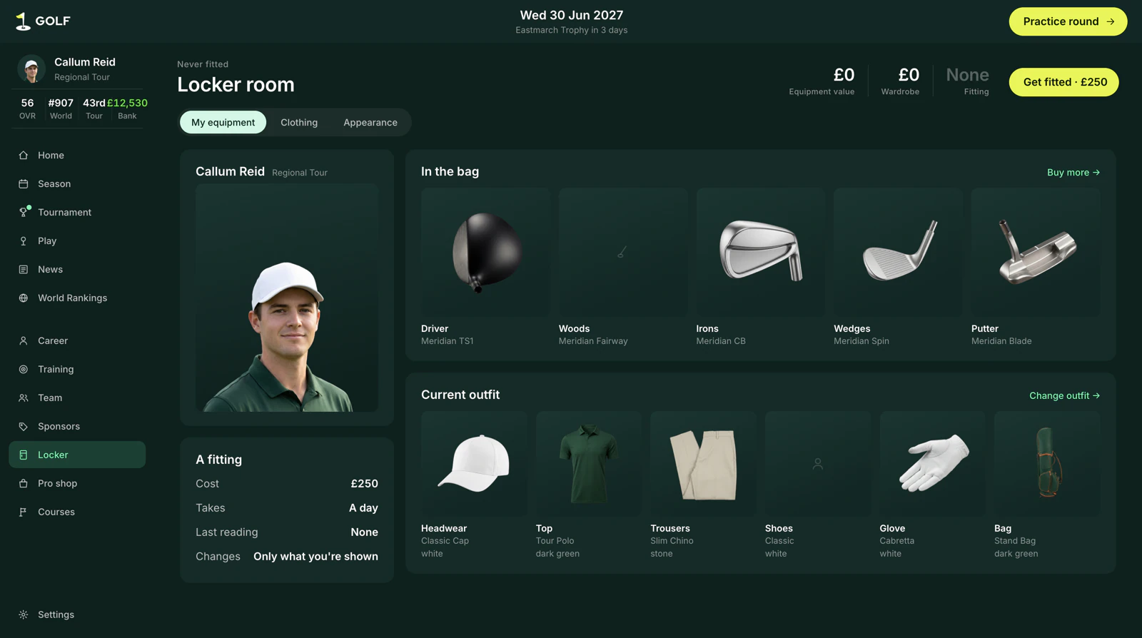 The locker room showing the clubs in the bag and the current outfit.