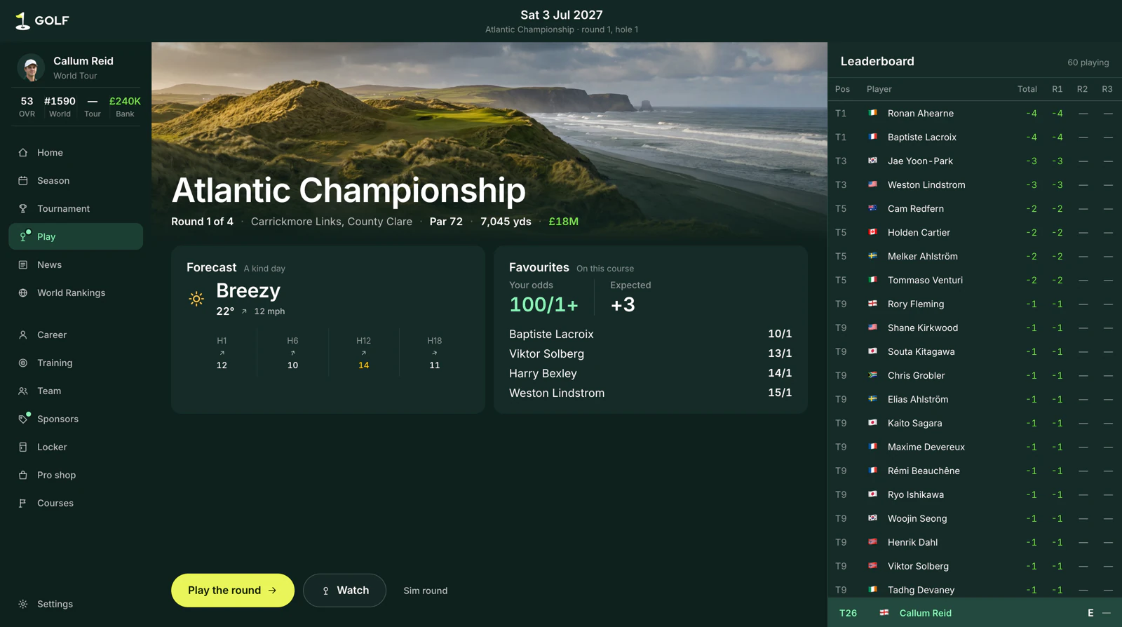 Round one of the Atlantic Championship at Carrickmore Links: the forecast, the player’s odds, the choice to play, watch or sim, and the live leaderboard.