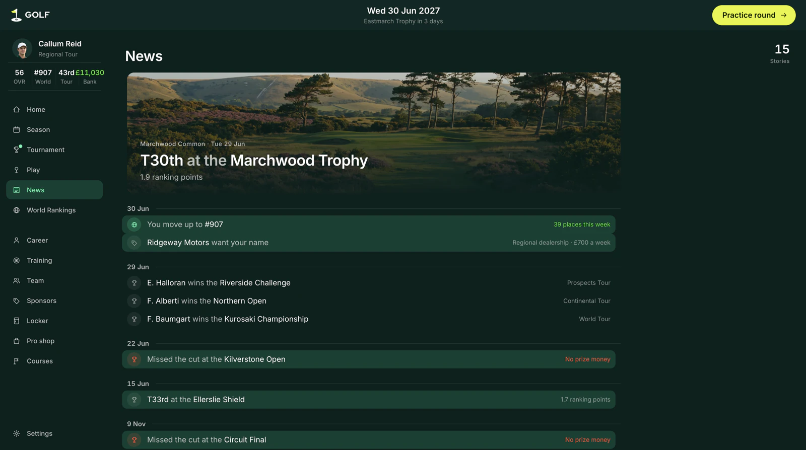 A news feed of results across the tours, a sponsor’s offer and the player moving up to 907.