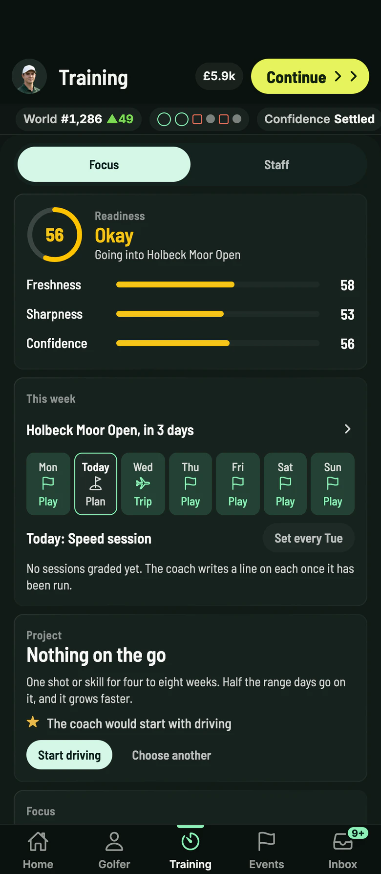 The mobile build's training screen: readiness at 56 going into the Holbeck Moor Open, with freshness, sharpness and confidence, the week's plan from today's practice to travel and four rounds, today's speed session, and the coach suggesting a project on driving.