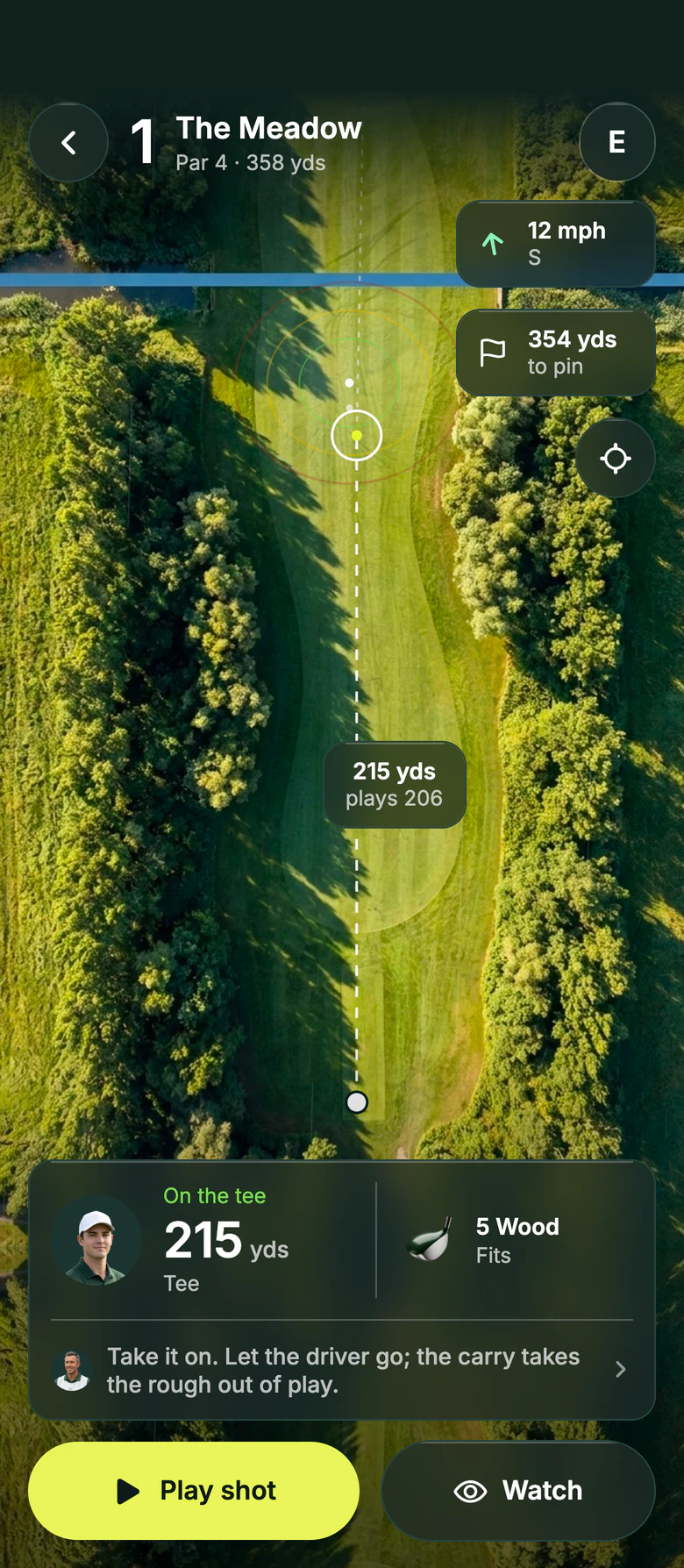The mobile build’s hole screen: the first at Riverside Municipal from the air, the wind at 12 mph, 354 yards to the pin, a 5 wood on the tee, the caddie’s read, and Play shot.
