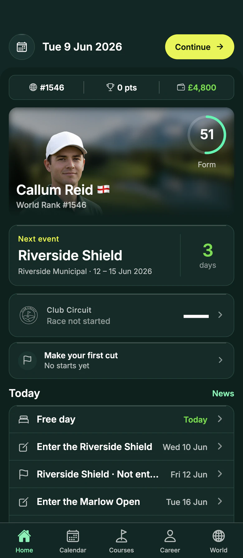 The mobile build’s home screen: world ranking, season points, bank balance, the golfer’s portrait and form, the next tournament and the week ahead.