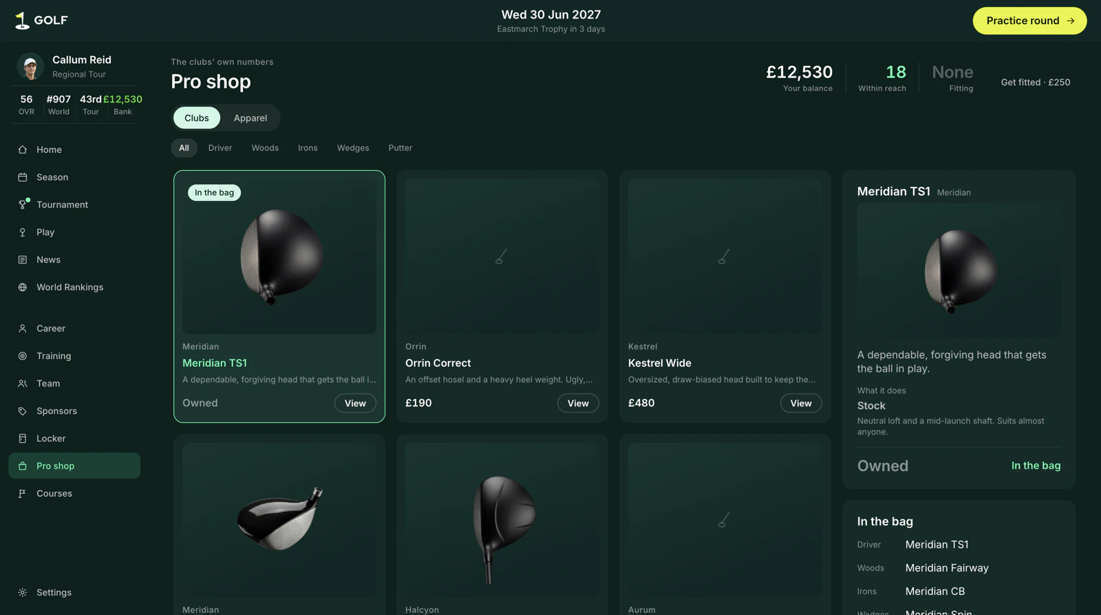 The pro shop showing drivers with their distance and forgiveness trade-offs listed.