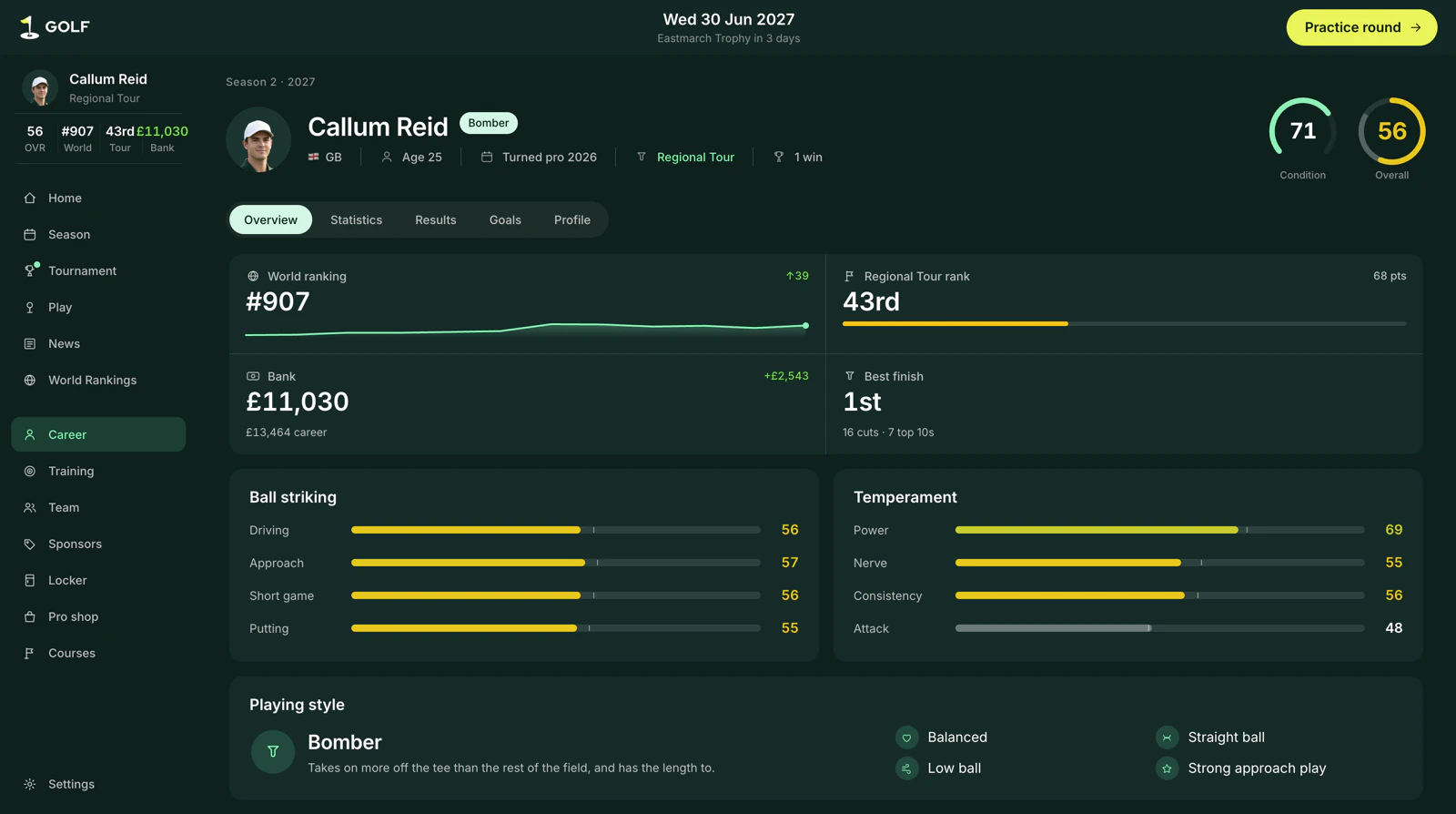 The player profile screen showing attributes as bars, with form and a ranking.