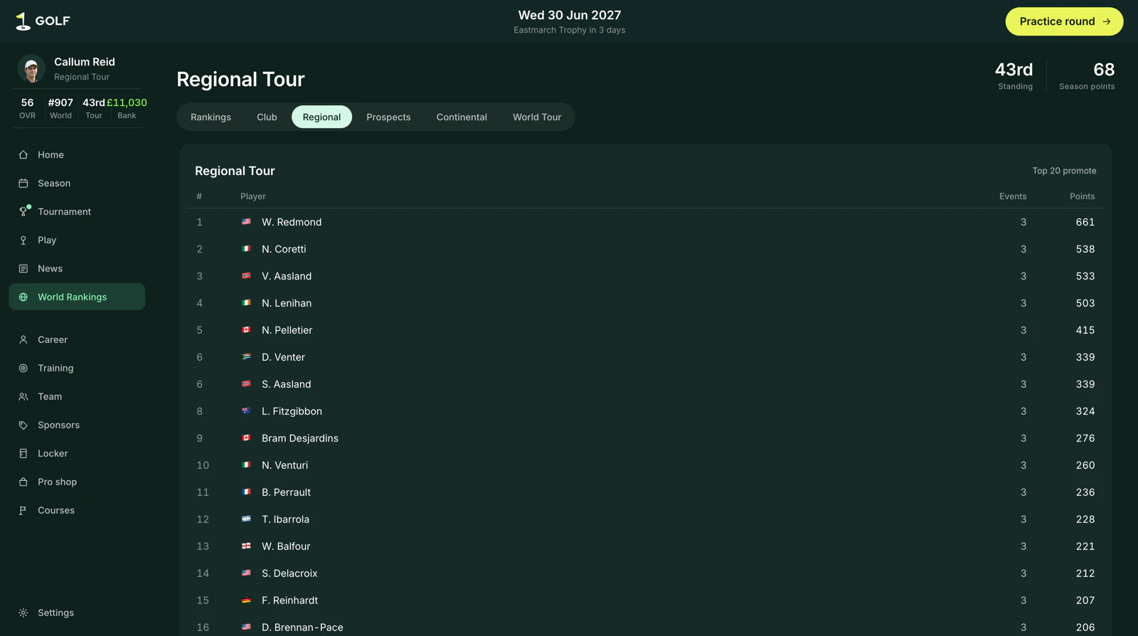 The Regional Tour rankings table listing players, events played and points, with the top twenty promoted.