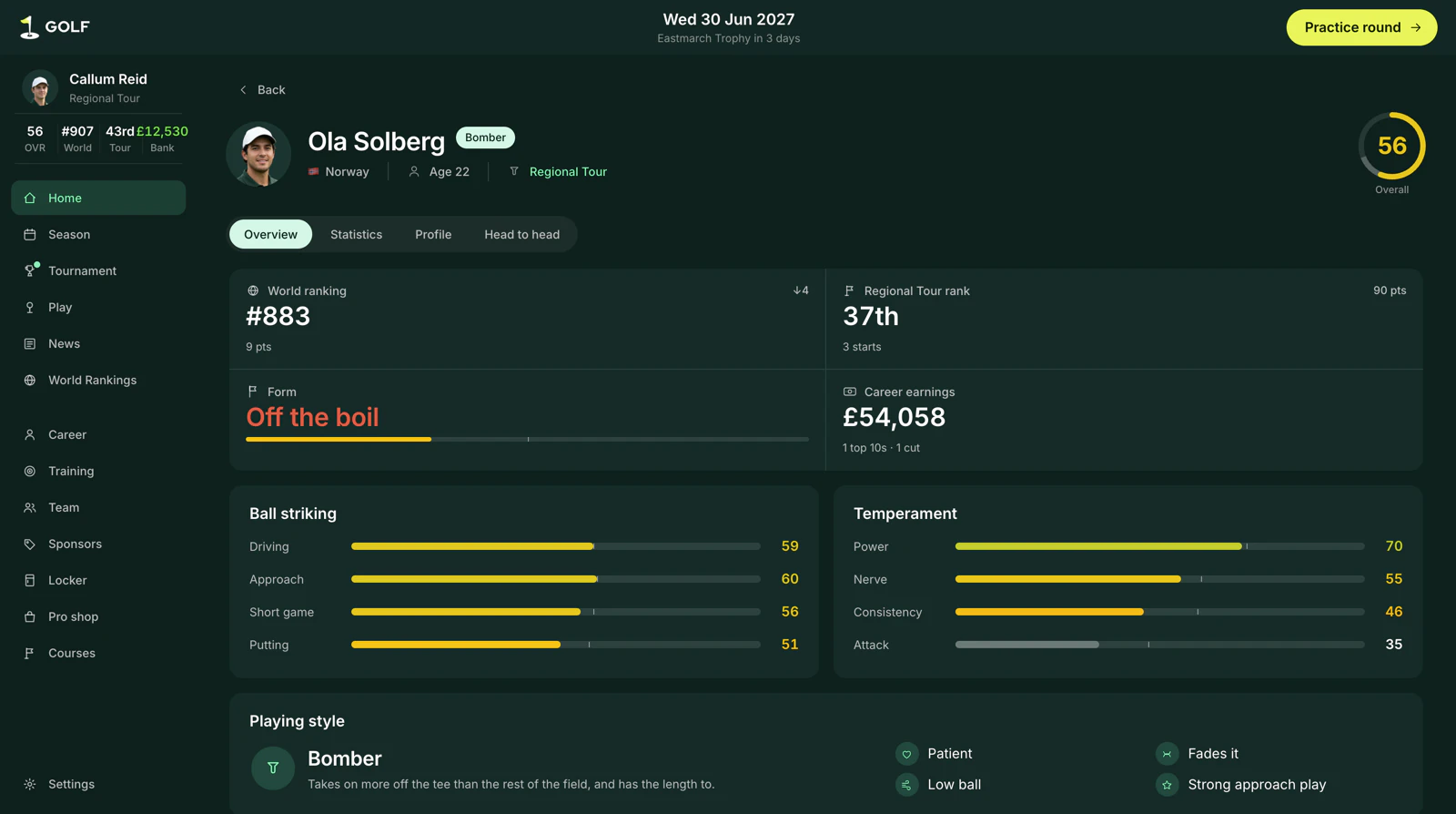 A rival player profile for Ola Solberg showing his ranking, form, earnings, attributes and playing style.