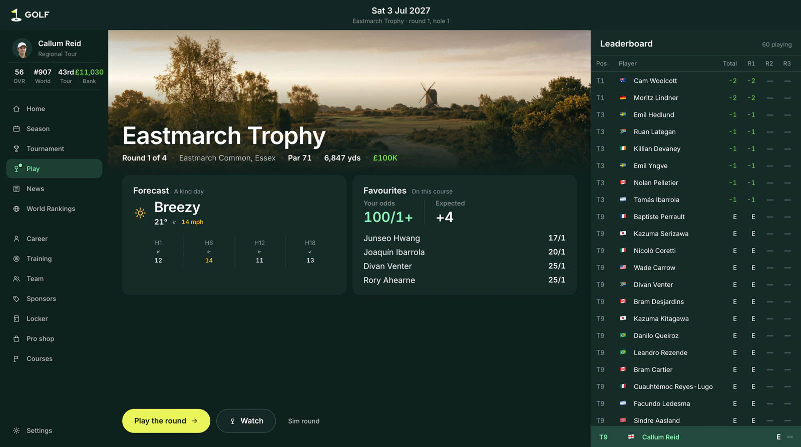 Round one of the Eastmarch Trophy: a breezy forecast, the player at 100/1, the choice to play, watch or sim the round, and a live leaderboard of sixty players.