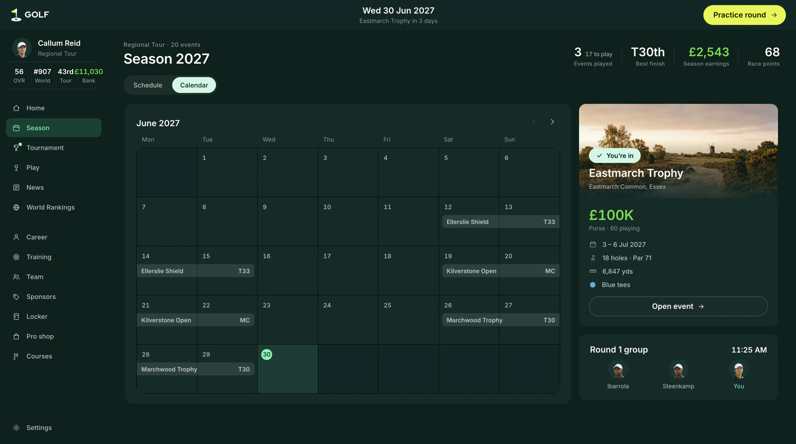 The 2027 season calendar with the events played, the entry deadlines and the Eastmarch Trophy next.