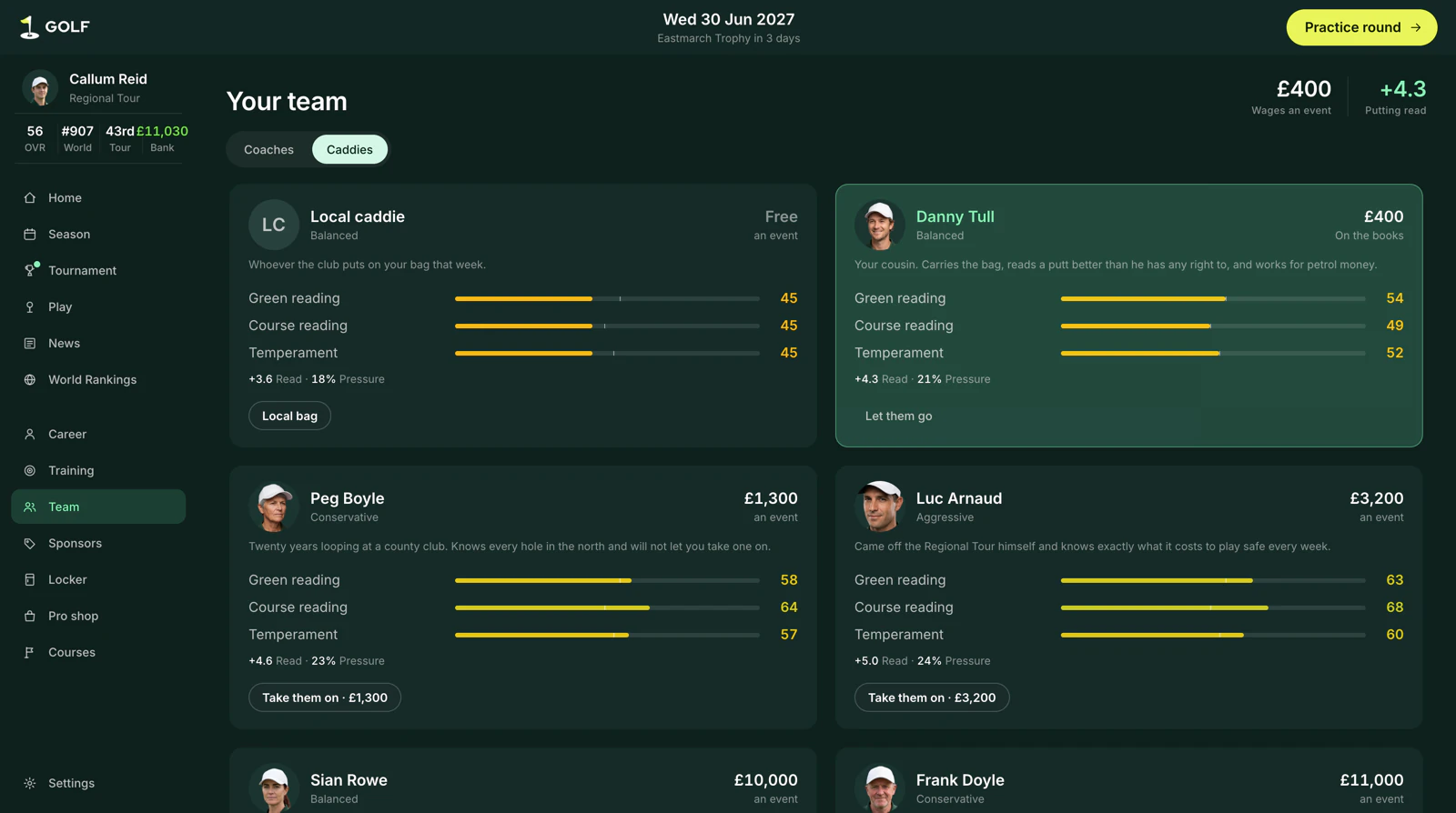 The team screen comparing caddies by green reading, course reading and temperament, with fees per event.