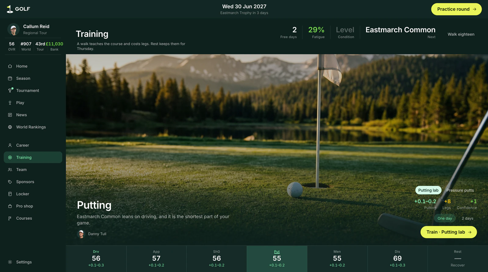 The training screen with the putting lab selected, the six ratings with what a session adds to each, and the choice of one day or two.